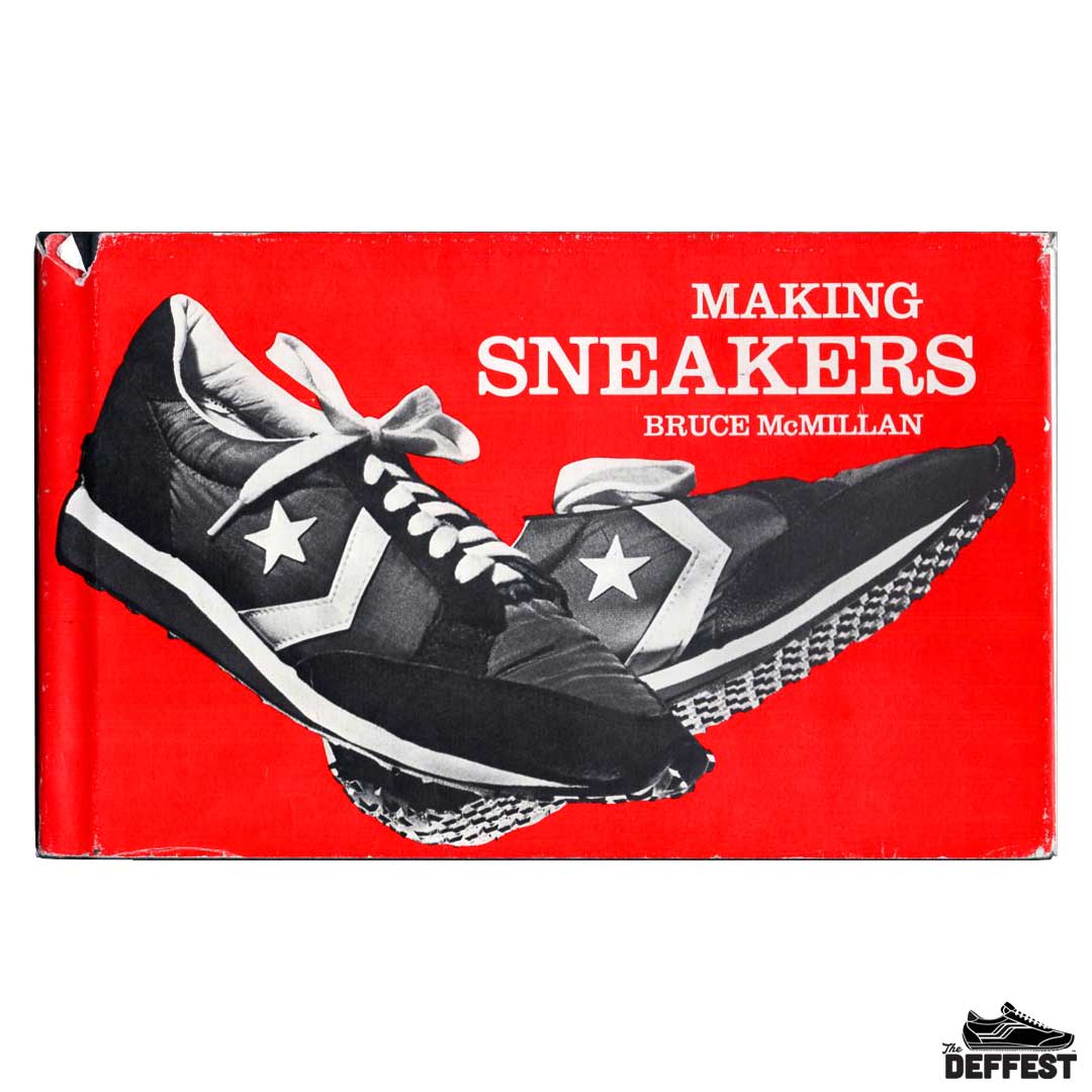 A vintage hardcover book titled 'Making Sneakers' by Bruce McMillan, featuring a bold red cover with a black and white illustration of Converse sneakers. The book is photographed flat against a white background with a small 'Deffest' logo in the bottom right corner.