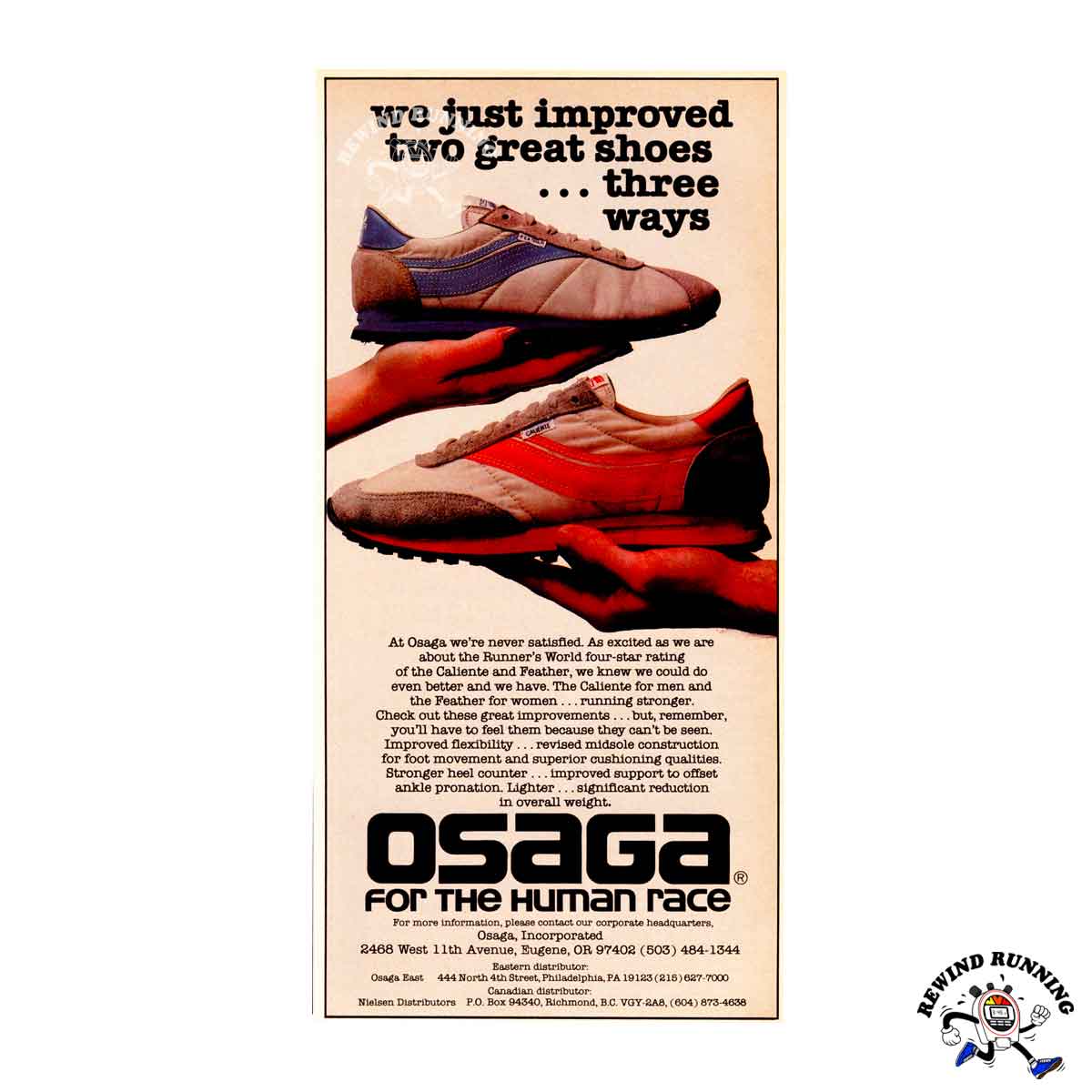 Osaga "Running Strong" Feather and Caliente Vintage 1979 Running Shoes Sneakers Print Ad