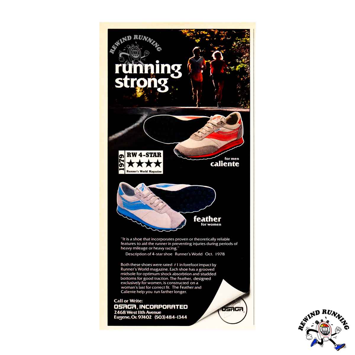 Osaga "Running Strong" Caliente and Feather Vintage 1979 Running Shoes Sneakers Print Ad