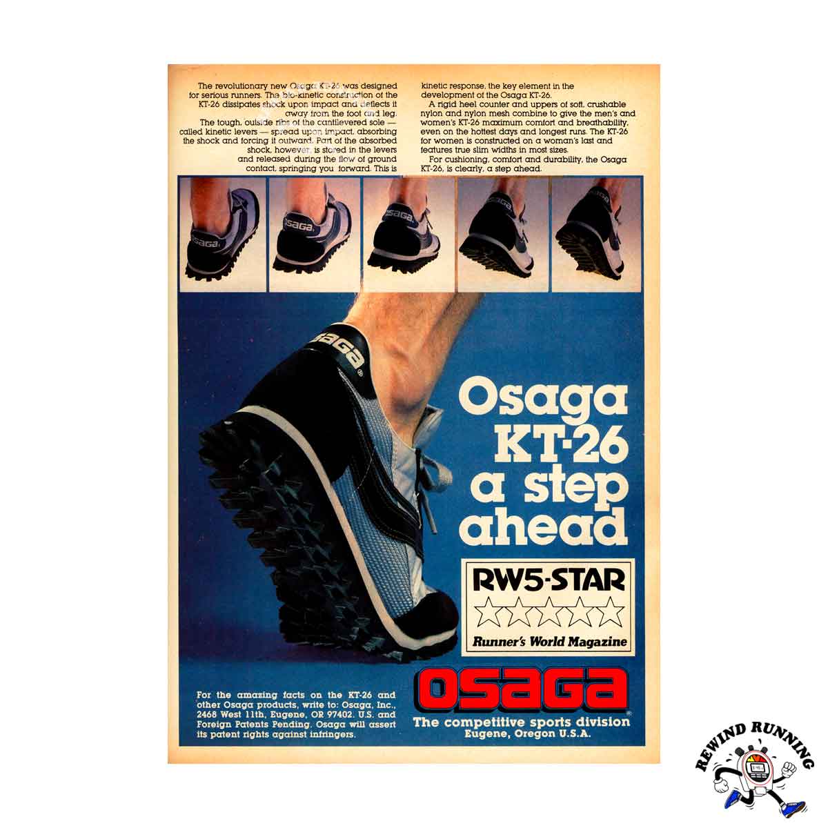 Advertisement for Osaga KT-26 running shoes with a blue background and text.